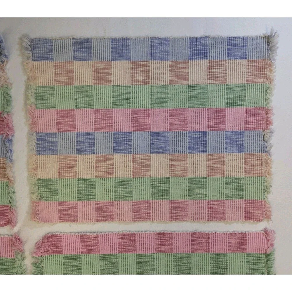 4 Vtg Pastel Plaid Woven Placemats Pink Blue Green Fringed Boho Cottage 13x17